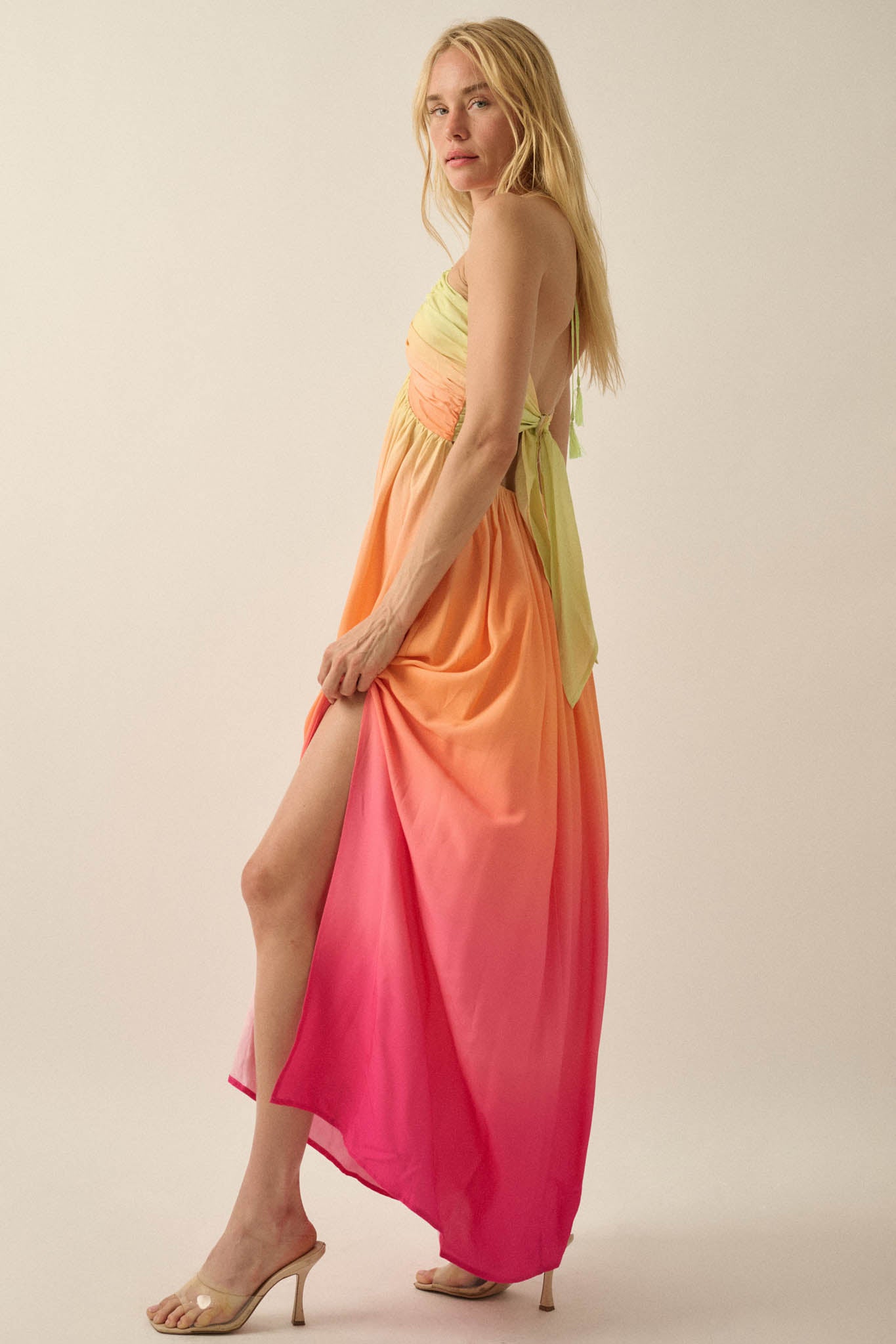 Shades of Summer Ombre Tie-Back Halter Maxi Dress