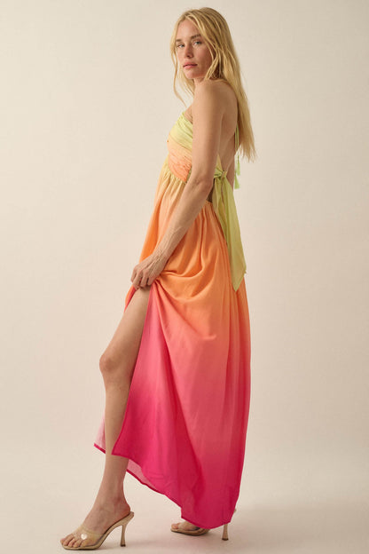 Shades of Summer Ombre Tie-Back Halter Maxi Dress