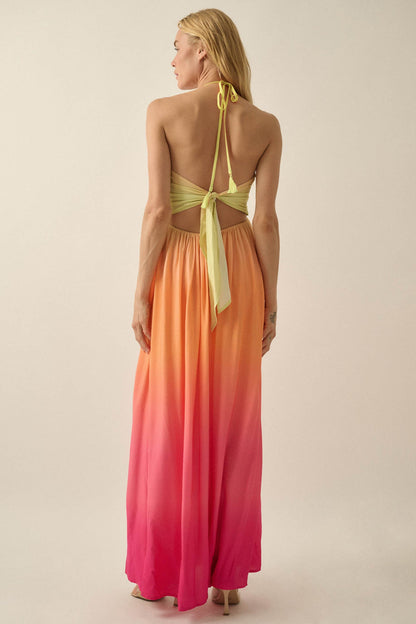 Shades of Summer Ombre Tie-Back Halter Maxi Dress