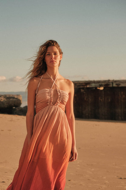 Shades of Summer Ombre Tie-Back Halter Maxi Dress