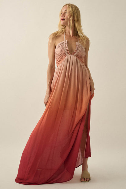 Shades of Summer Ombre Tie-Back Halter Maxi Dress