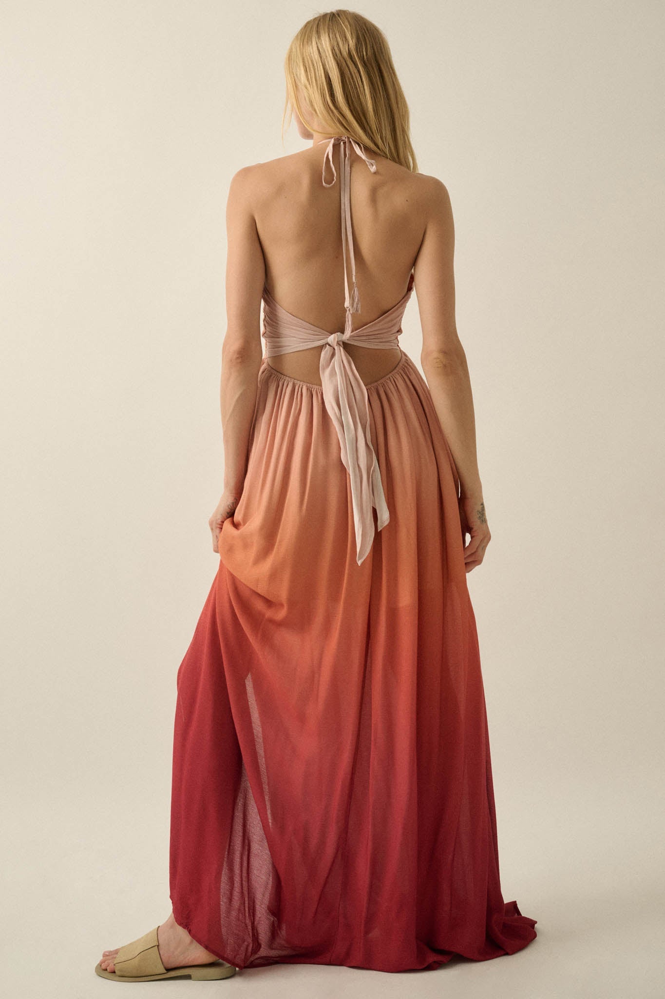 Shades of Summer Ombre Tie-Back Halter Maxi Dress