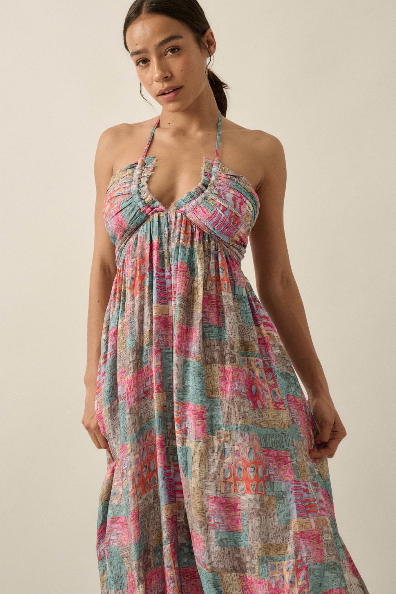 Mosaic Muse Abstract-Print Tie-Back Halter Maxi Dress
