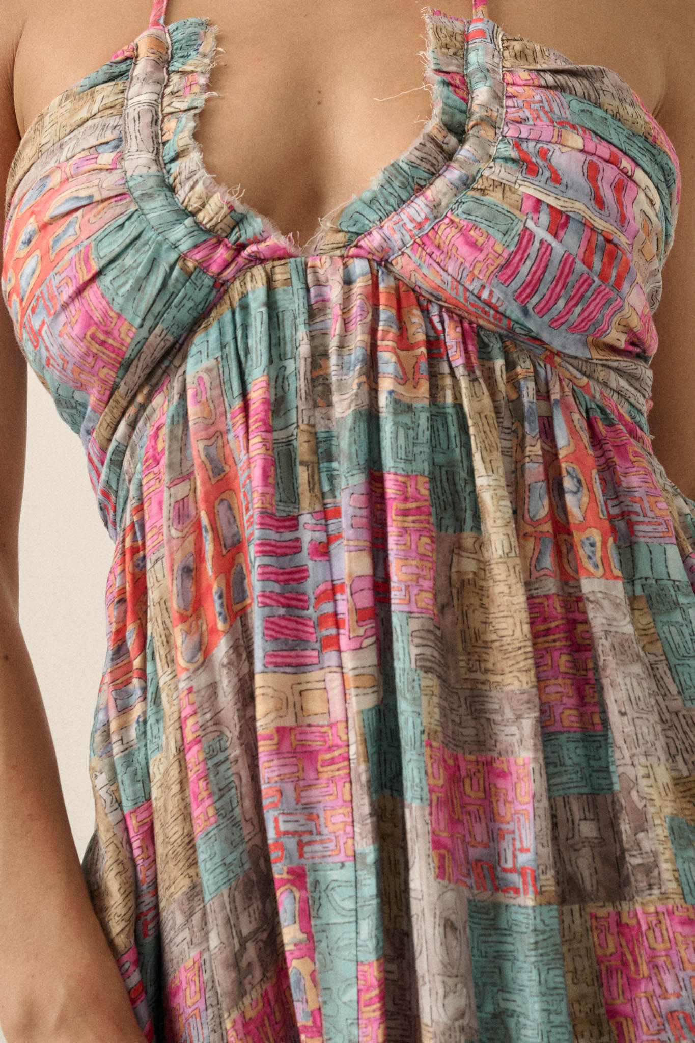 Mosaic Muse Abstract-Print Tie-Back Halter Maxi Dress