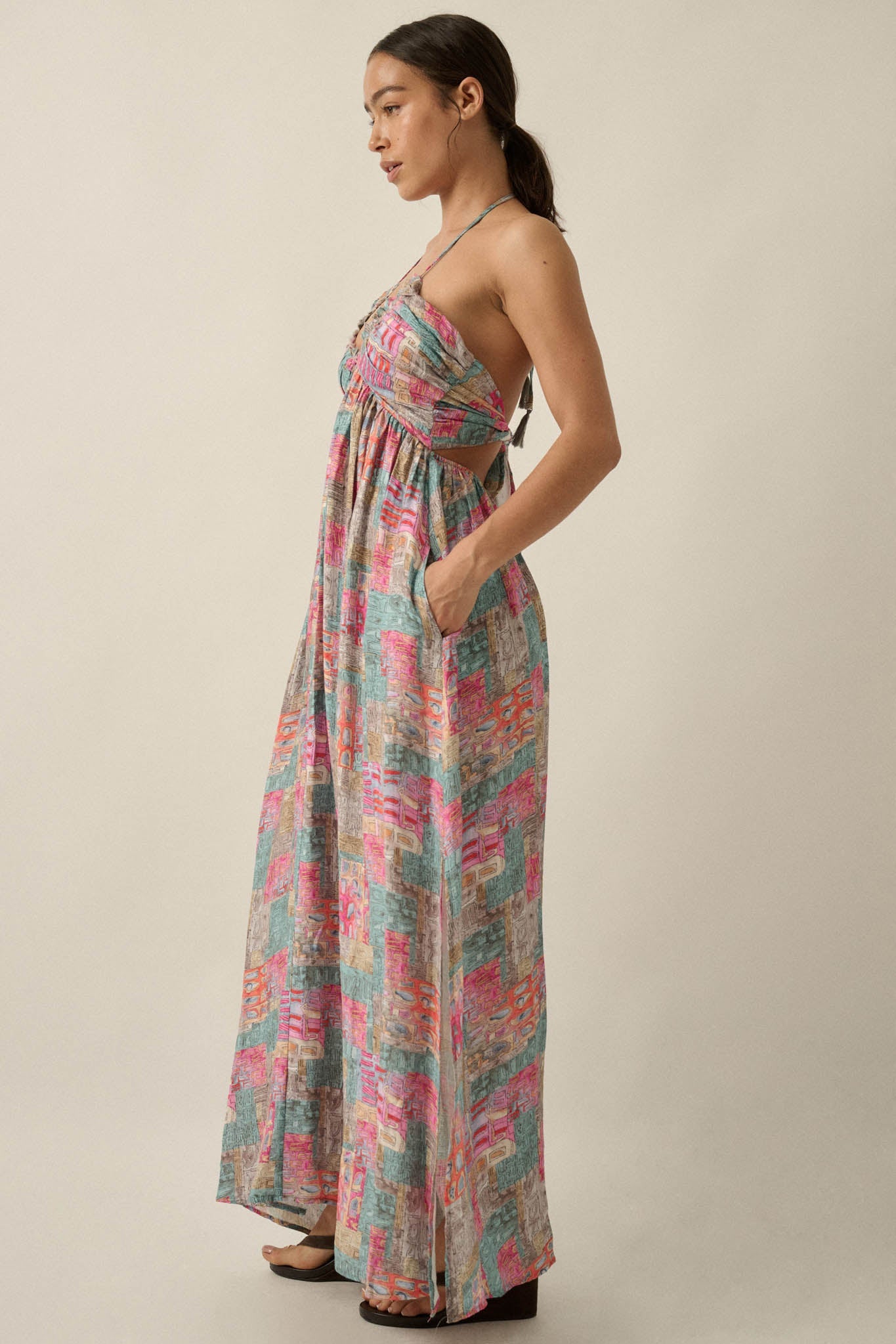 Mosaic Muse Abstract-Print Tie-Back Halter Maxi Dress