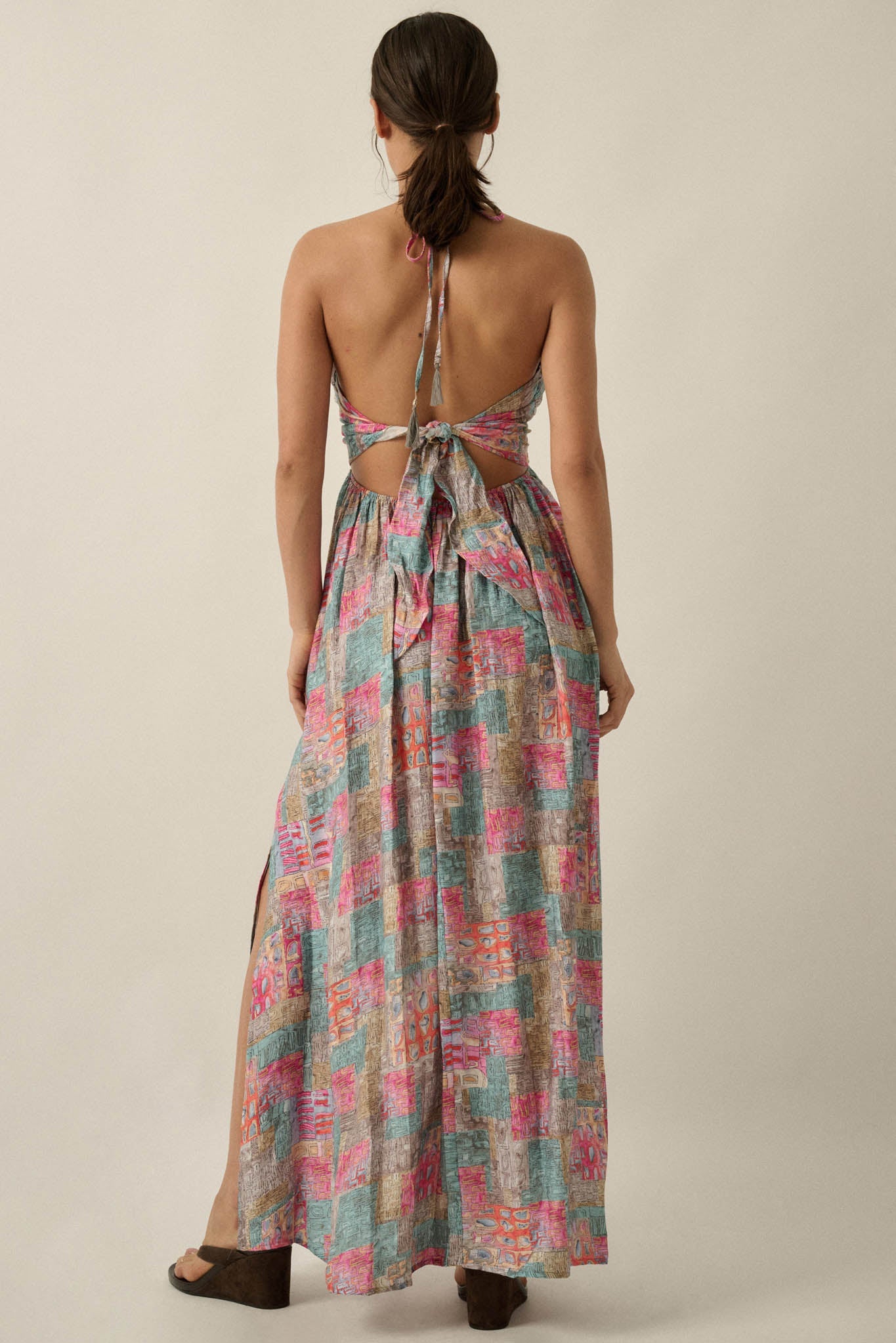 Mosaic Muse Abstract-Print Tie-Back Halter Maxi Dress