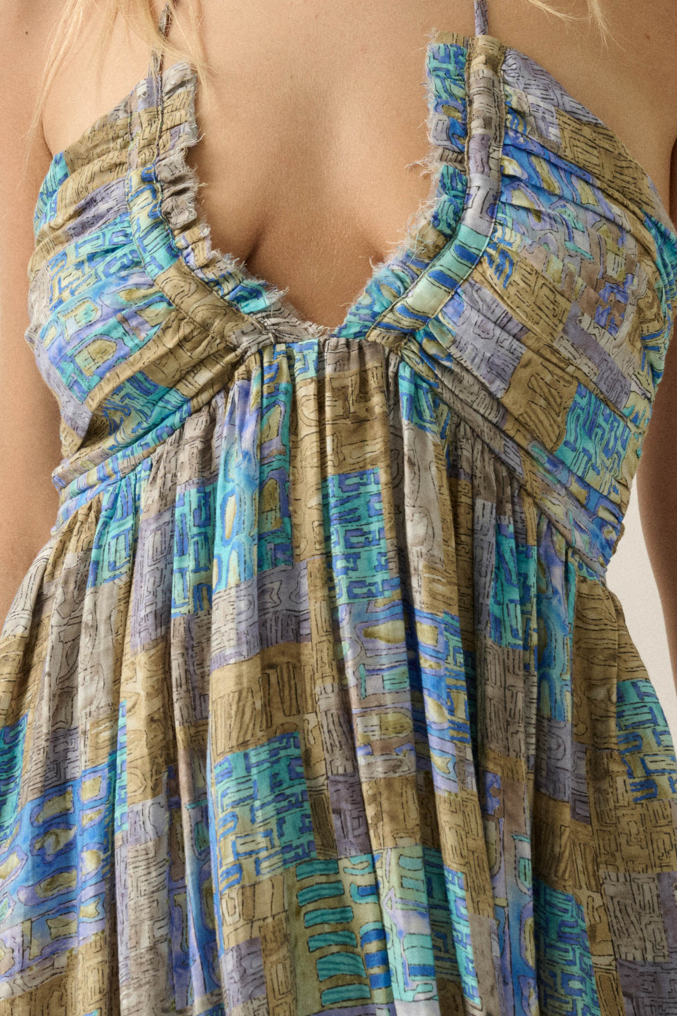Mosaic Muse Abstract-Print Tie-Back Halter Maxi Dress