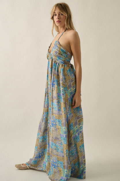 Mosaic Muse Abstract-Print Tie-Back Halter Maxi Dress
