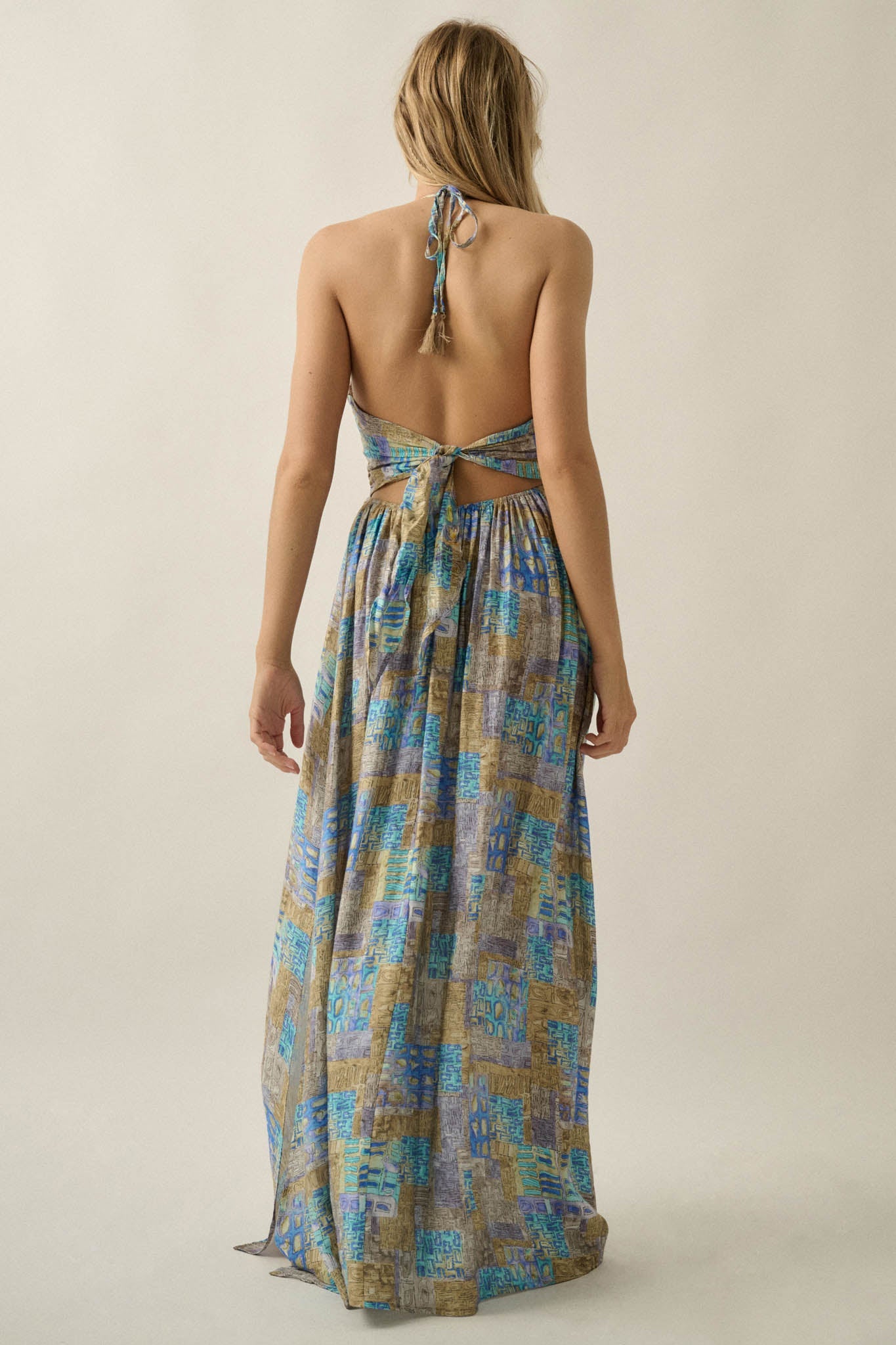 Mosaic Muse Abstract-Print Tie-Back Halter Maxi Dress
