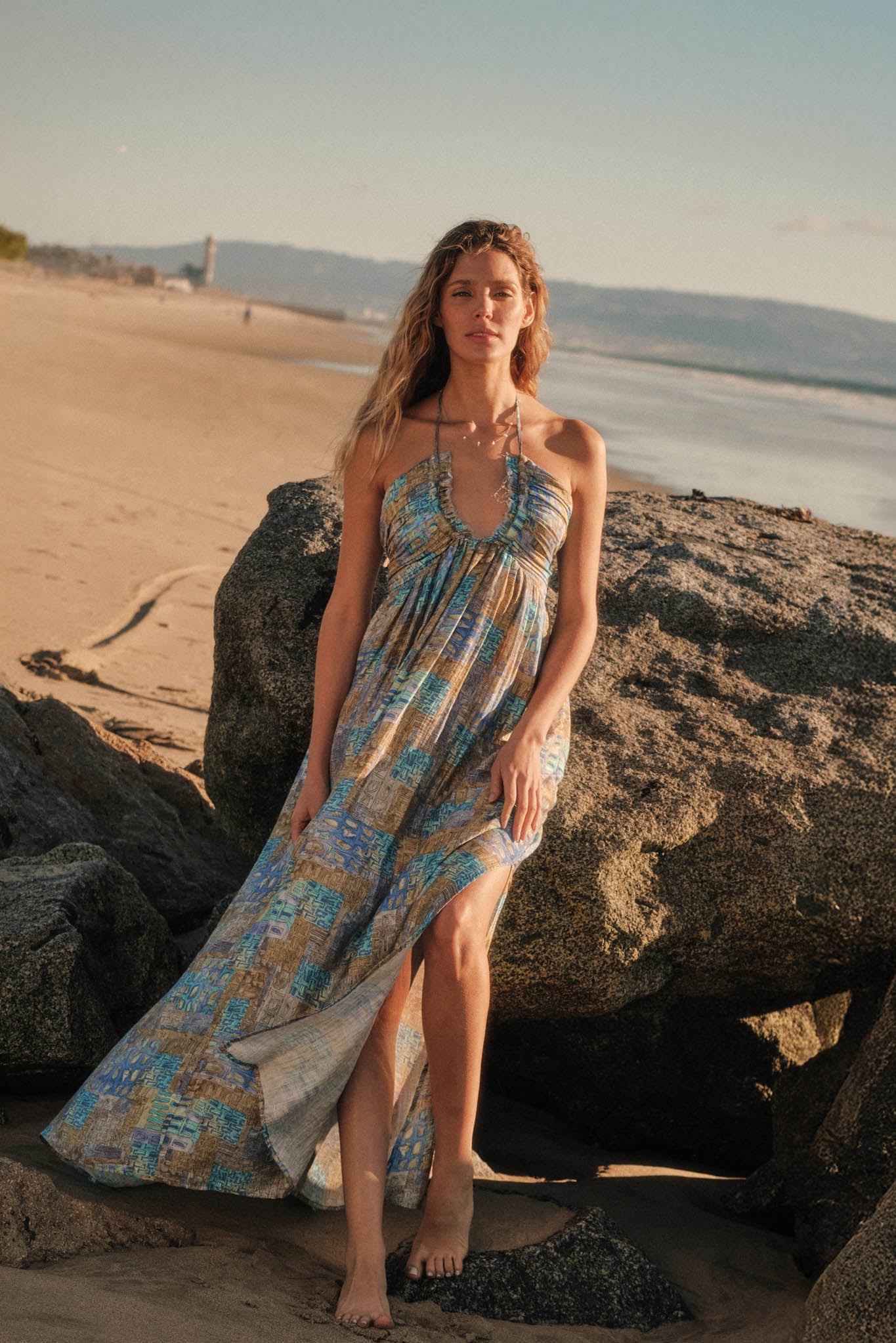 Mosaic Muse Abstract-Print Tie-Back Halter Maxi Dress