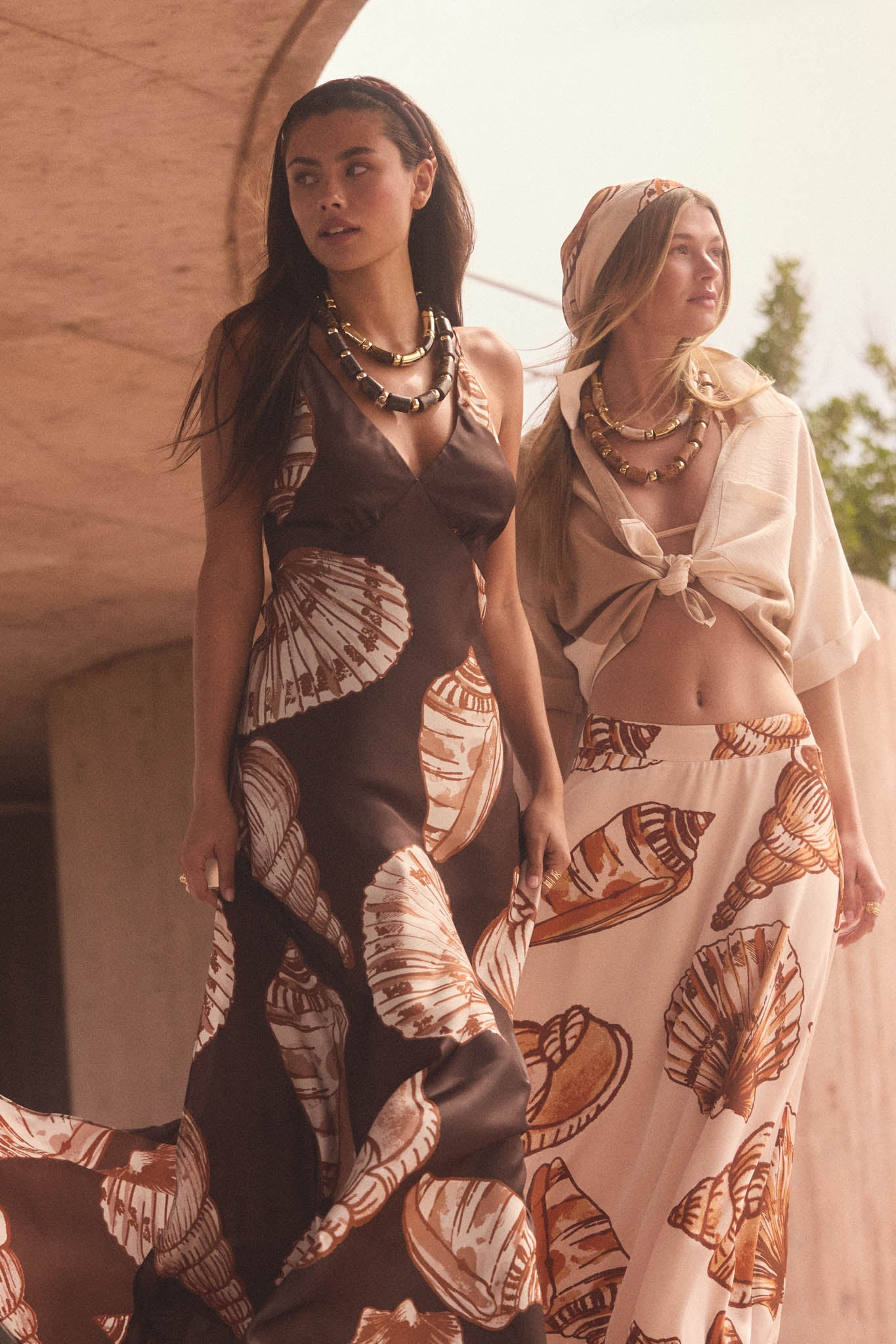 Mystic Lagoon Shell-Print Satin Open-Back Maxi Dress
