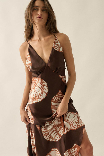 Mystic Lagoon Shell-Print Satin Open-Back Maxi Dress