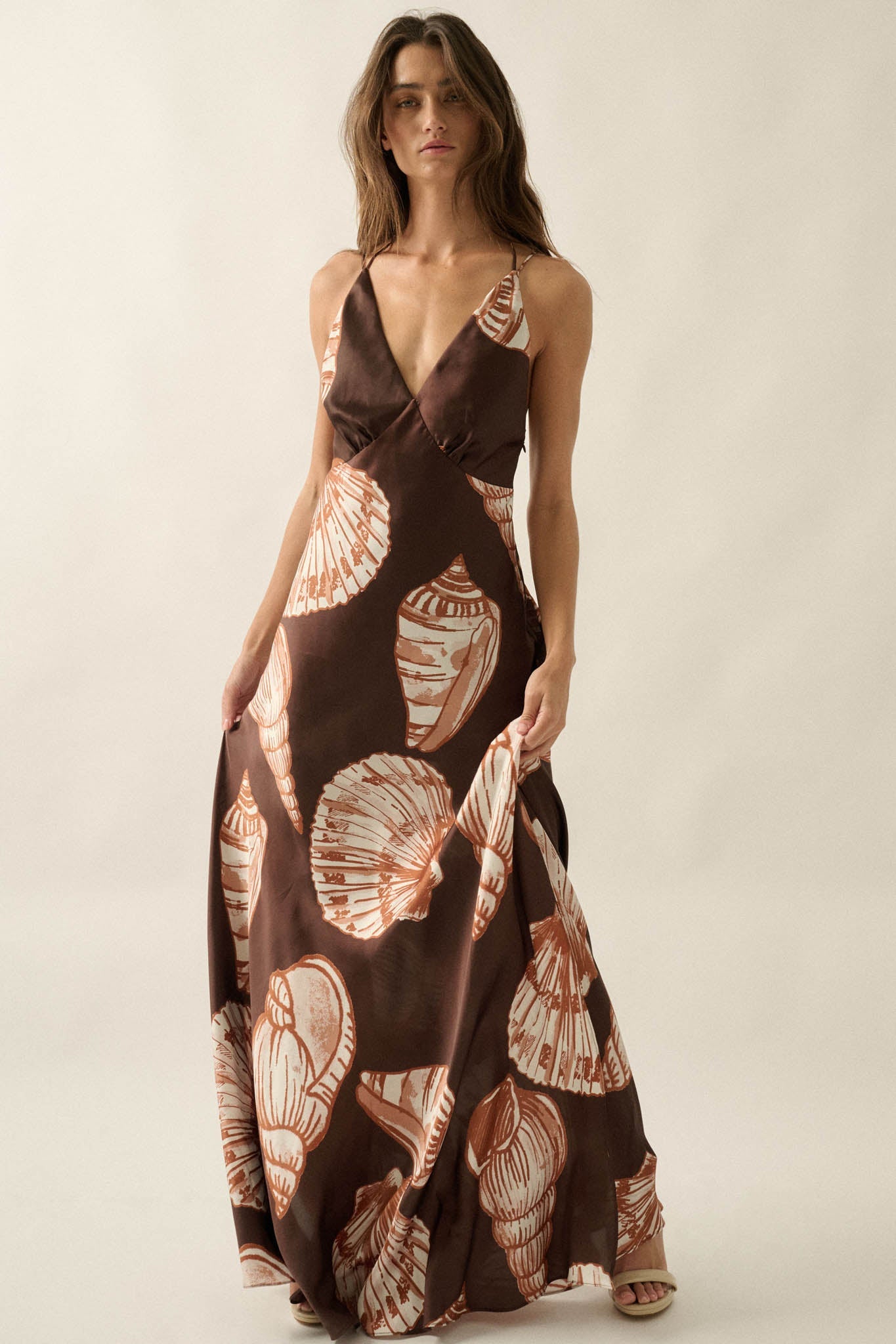 Mystic Lagoon Shell-Print Satin Open-Back Maxi Dress