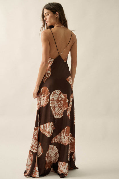 Mystic Lagoon Shell-Print Satin Open-Back Maxi Dress