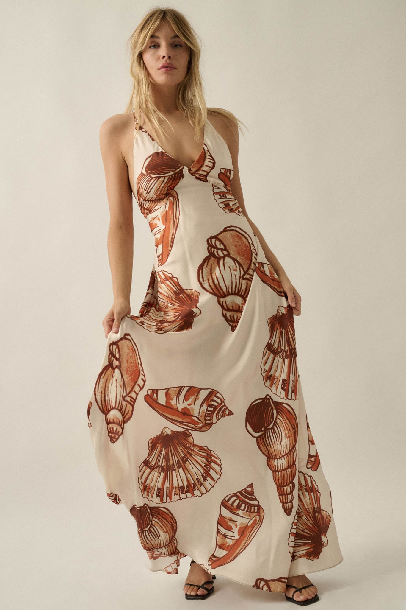 Mystic Lagoon Shell-Print Satin Open-Back Maxi Dress