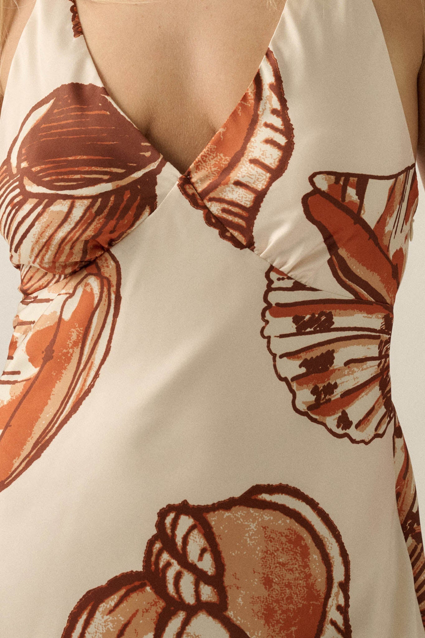 Mystic Lagoon Shell-Print Satin Open-Back Maxi Dress