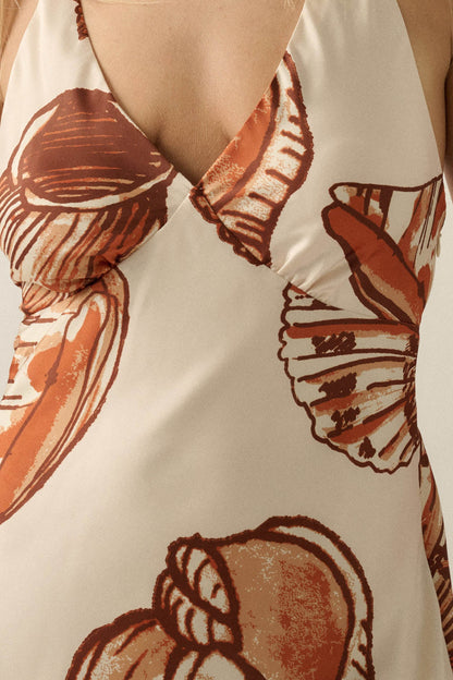 Mystic Lagoon Shell-Print Satin Open-Back Maxi Dress