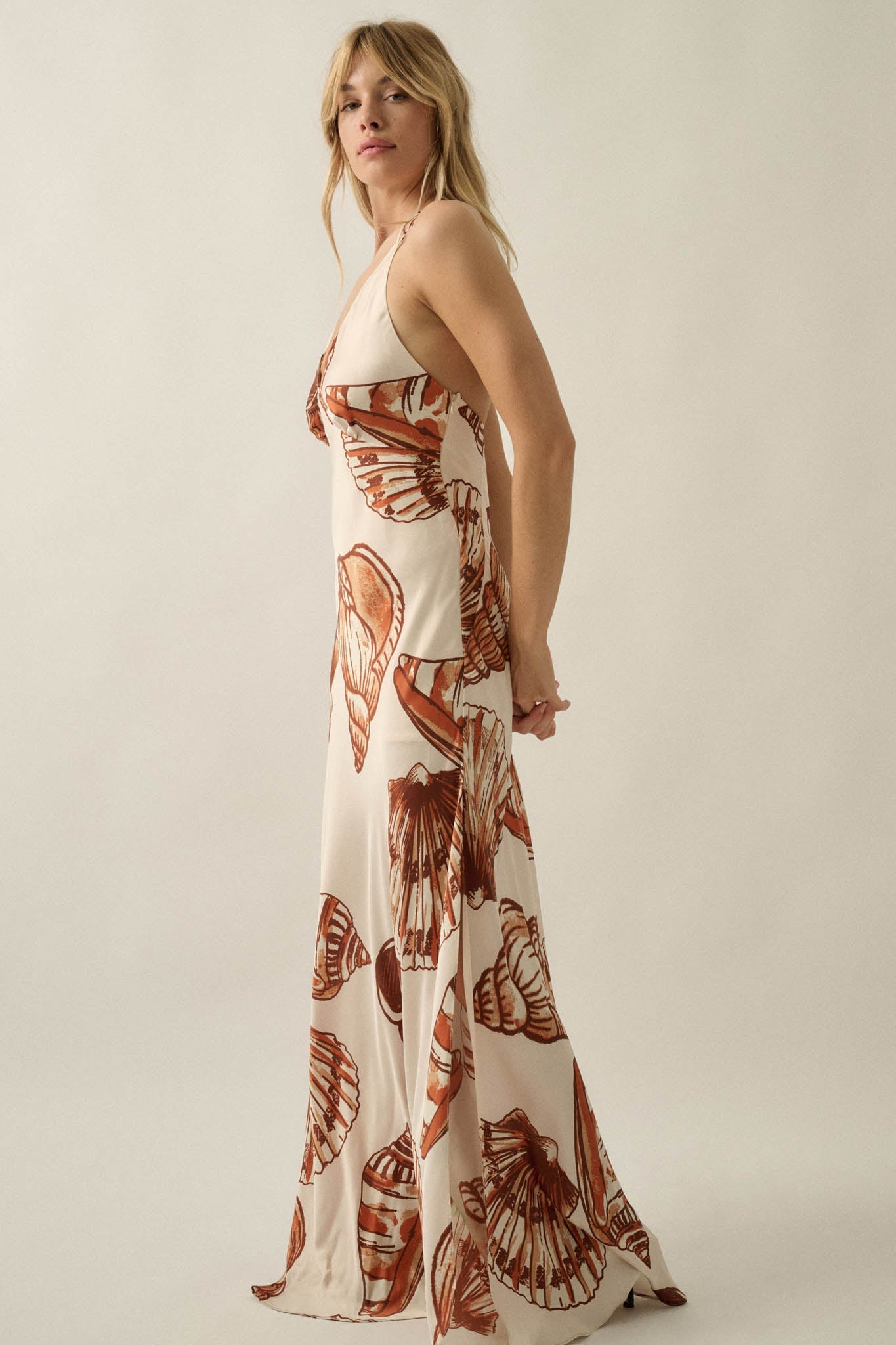 Mystic Lagoon Shell-Print Satin Open-Back Maxi Dress