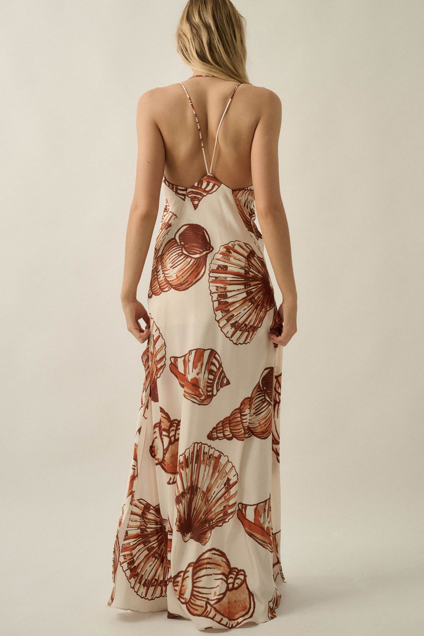 Mystic Lagoon Shell-Print Satin Open-Back Maxi Dress