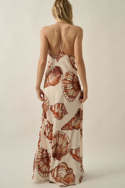 Mystic Lagoon Shell-Print Satin Open-Back Maxi Dress