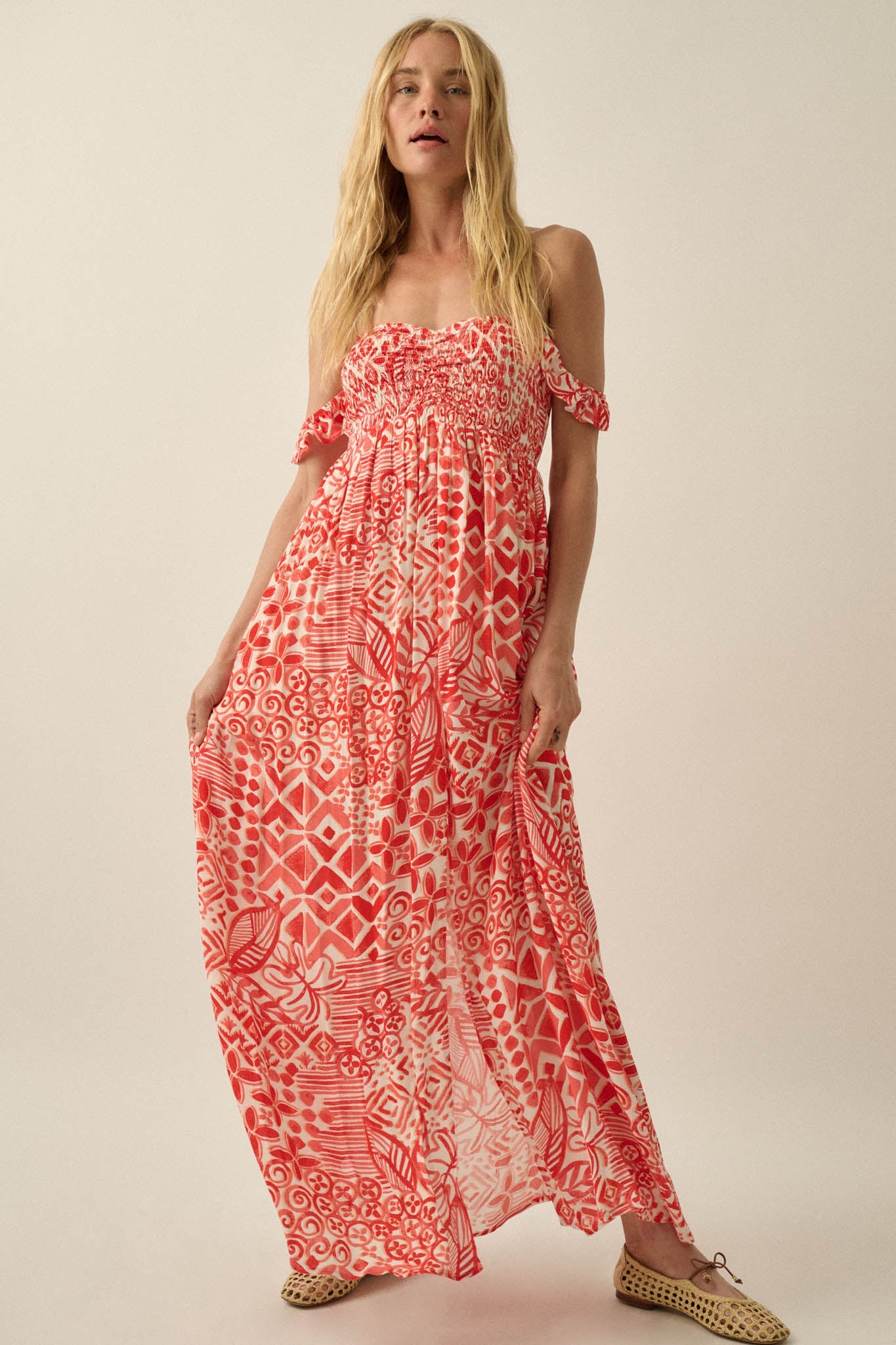 Fellow Voyager Batik-Print Off-Shoulder Maxi Dress