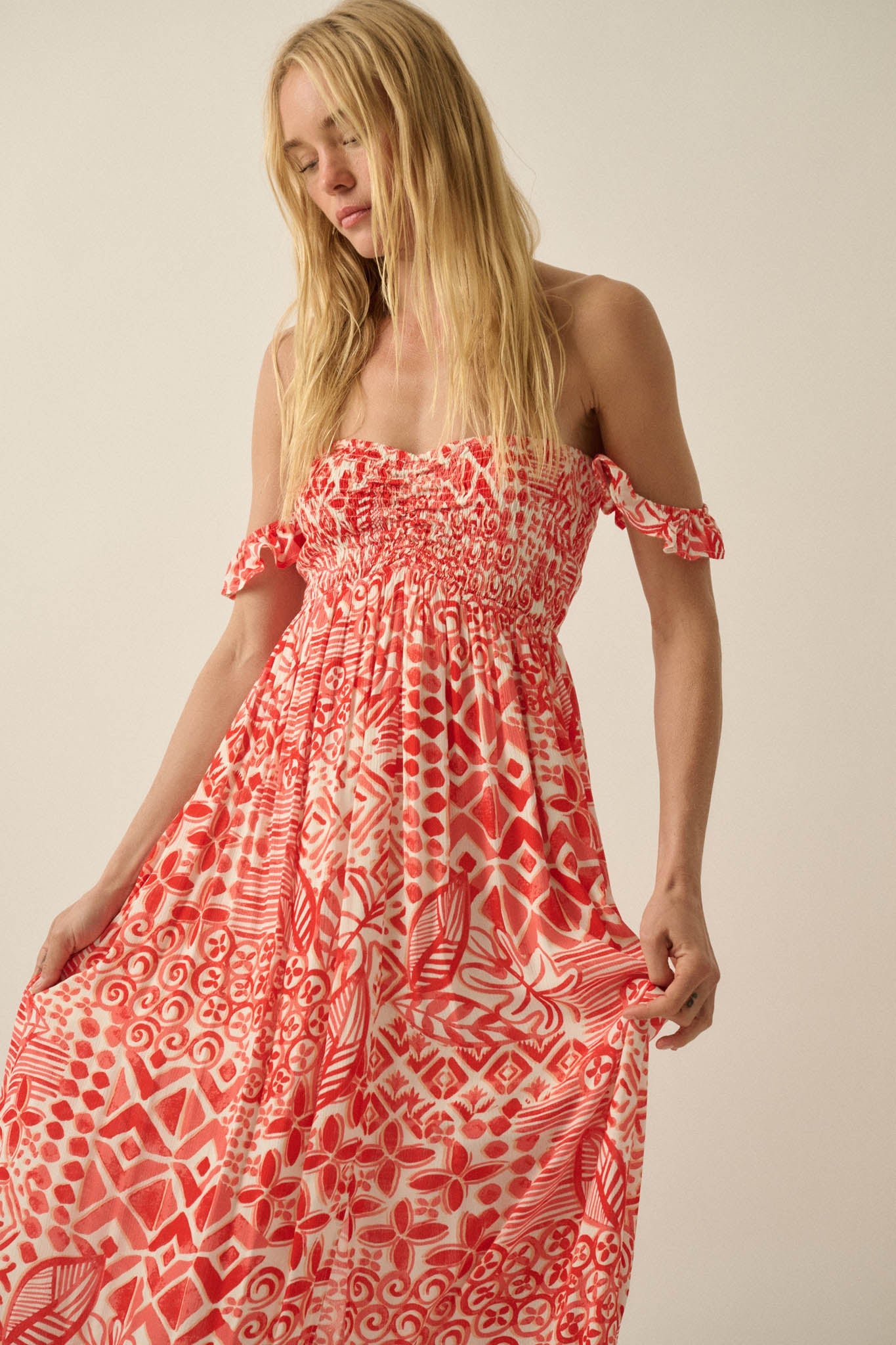 Fellow Voyager Batik-Print Off-Shoulder Maxi Dress