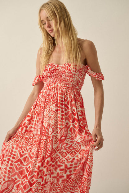 Fellow Voyager Batik-Print Off-Shoulder Maxi Dress