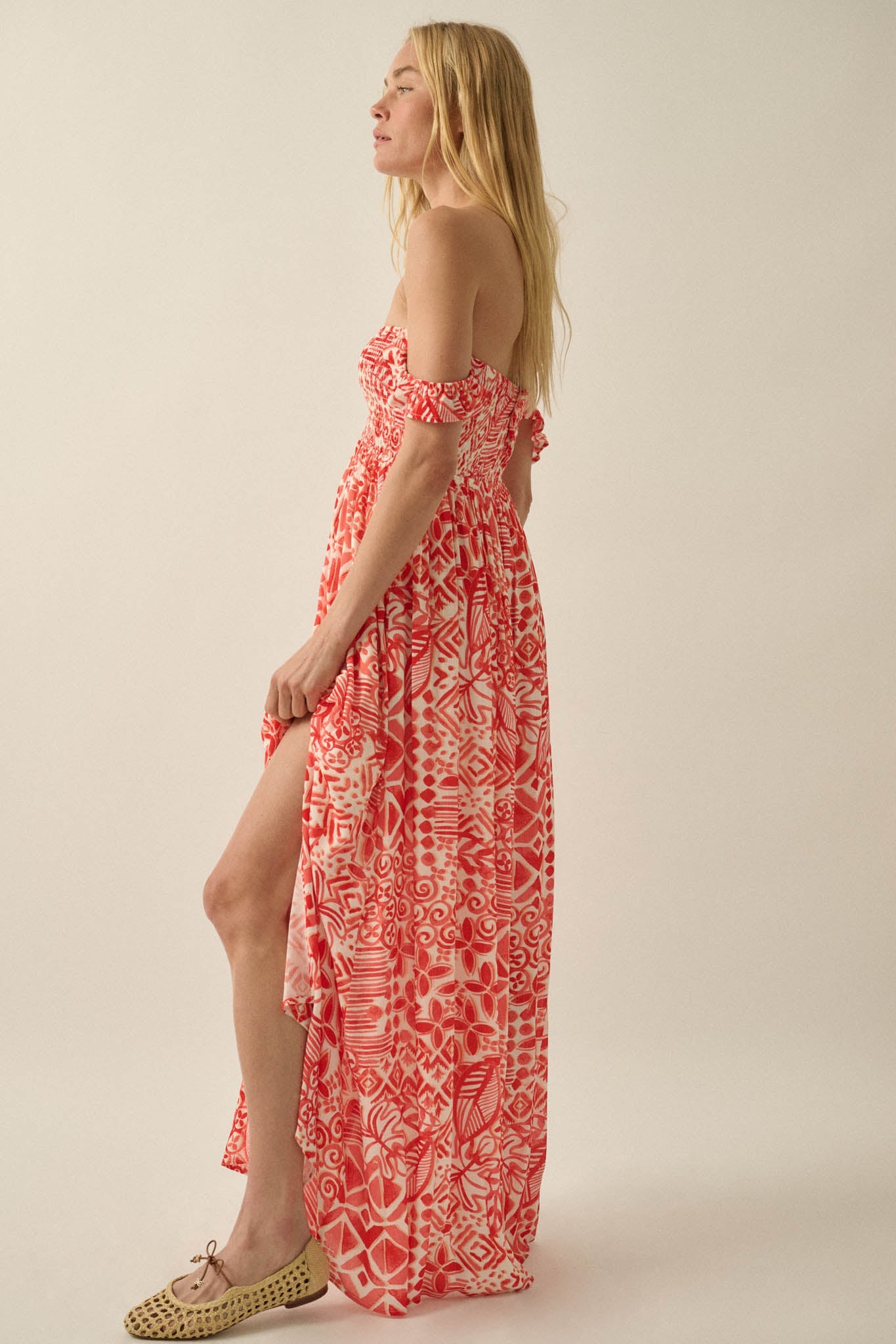 Fellow Voyager Batik-Print Off-Shoulder Maxi Dress