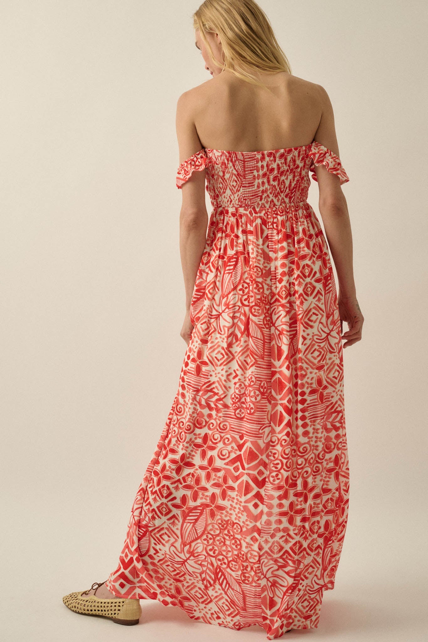 Fellow Voyager Batik-Print Off-Shoulder Maxi Dress