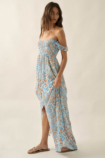 Fellow Voyager Batik-Print Off-Shoulder Maxi Dress