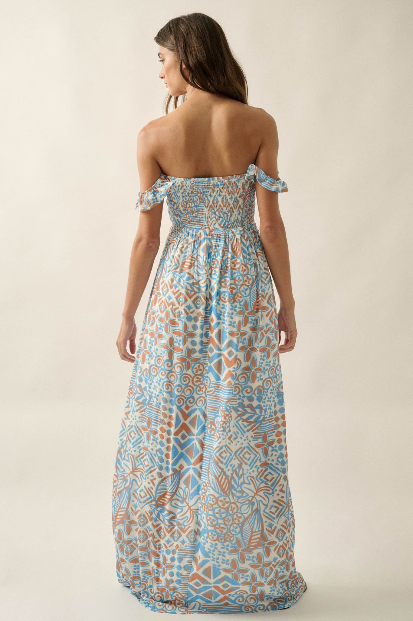 Fellow Voyager Batik-Print Off-Shoulder Maxi Dress