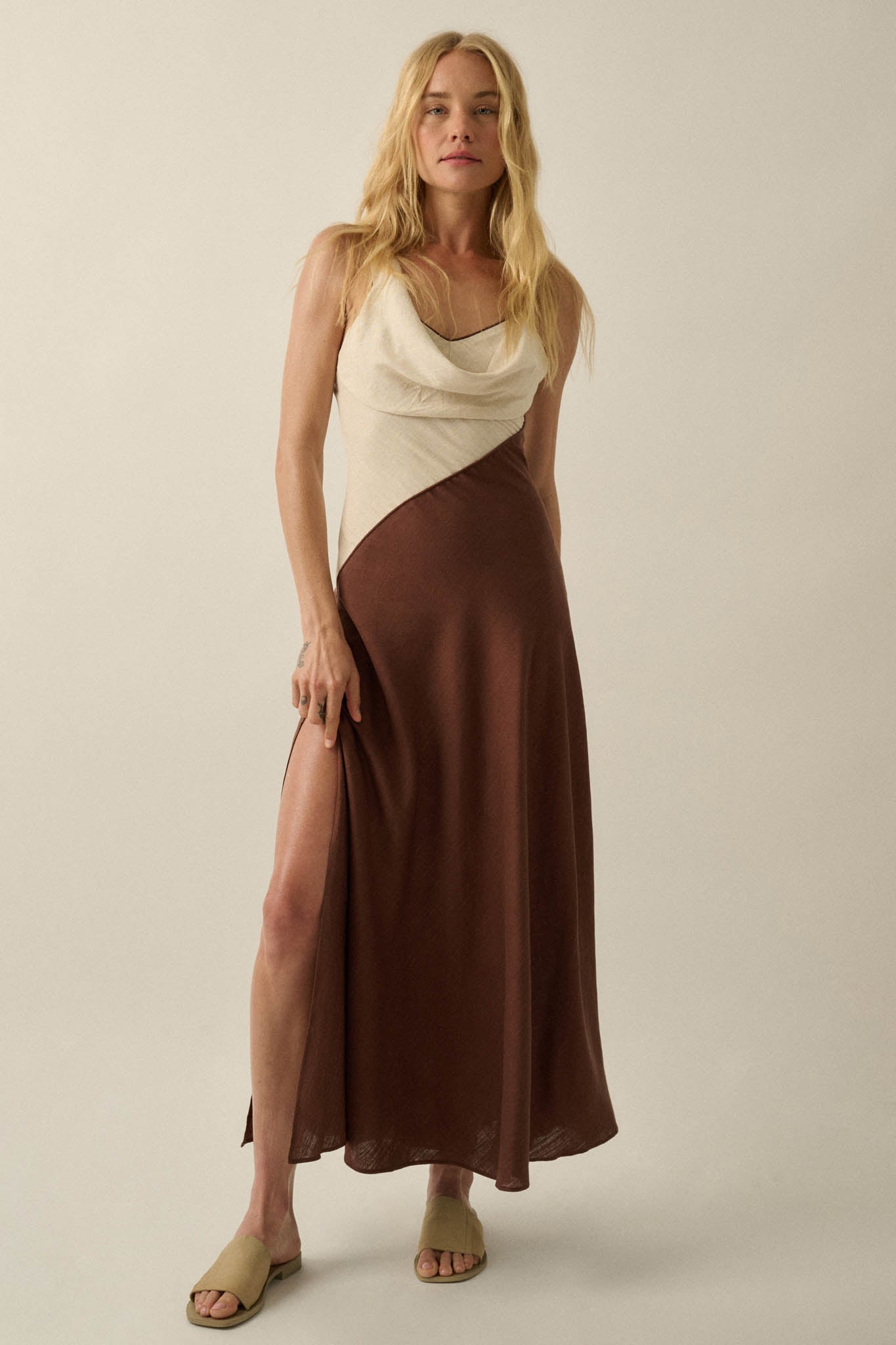 Second to None Colorblock Cowl-Neck Maxi Dress