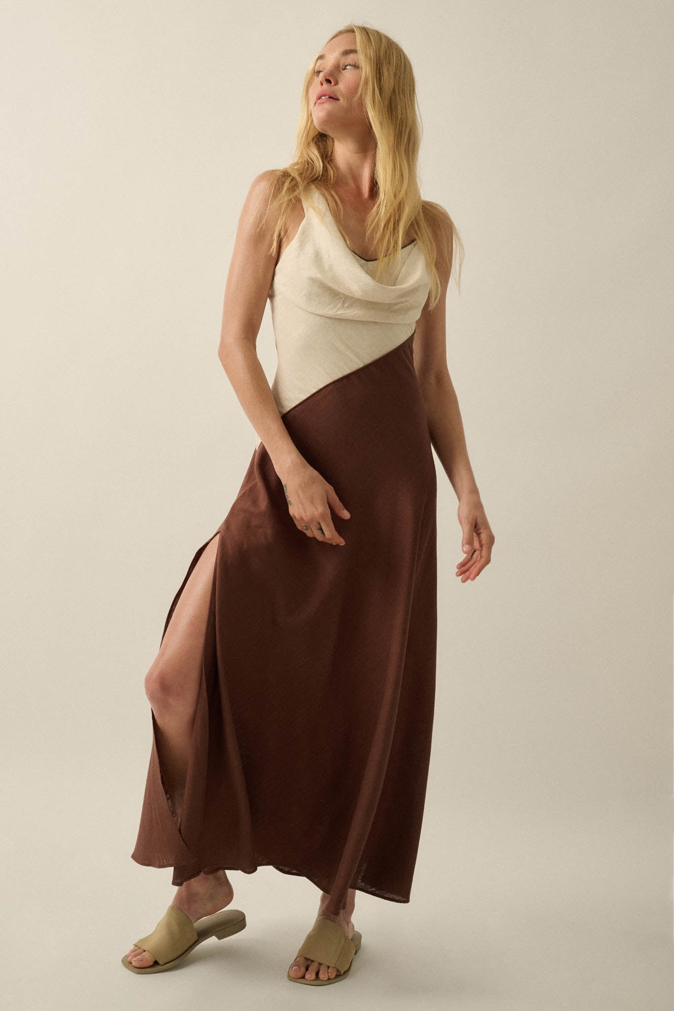 Second to None Colorblock Cowl-Neck Maxi Dress