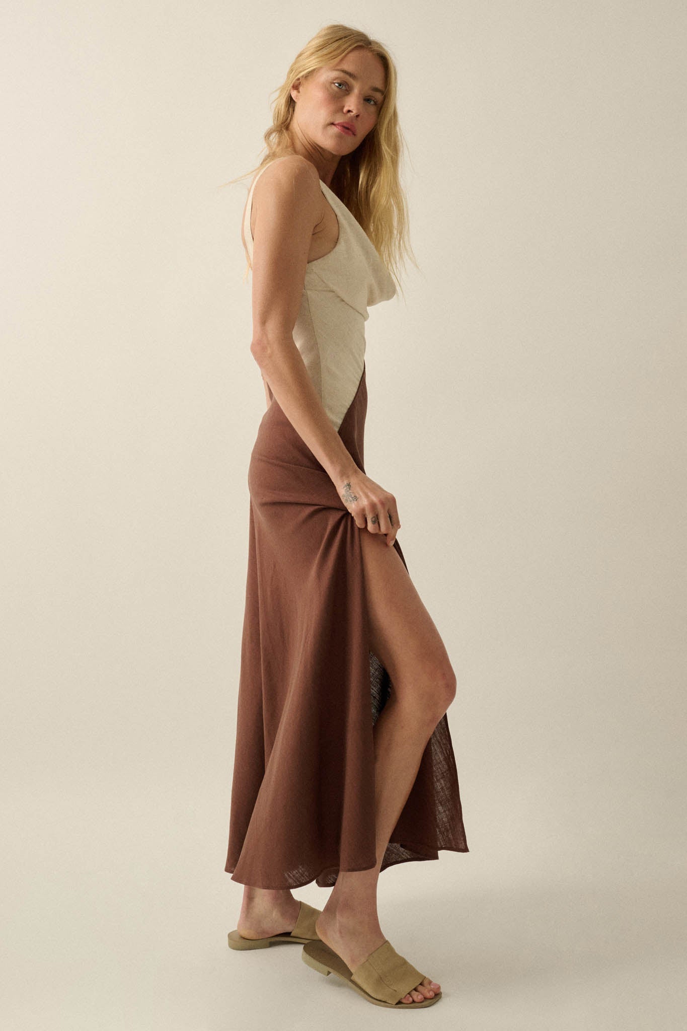 Second to None Colorblock Cowl-Neck Maxi Dress