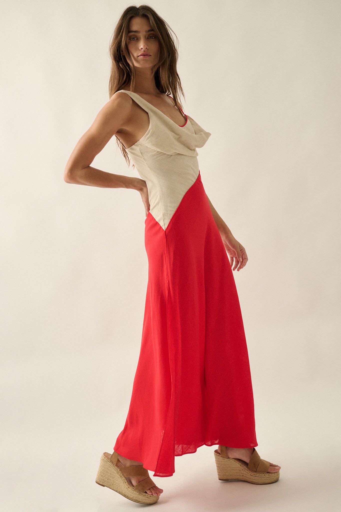 Second to None Colorblock Cowl-Neck Maxi Dress