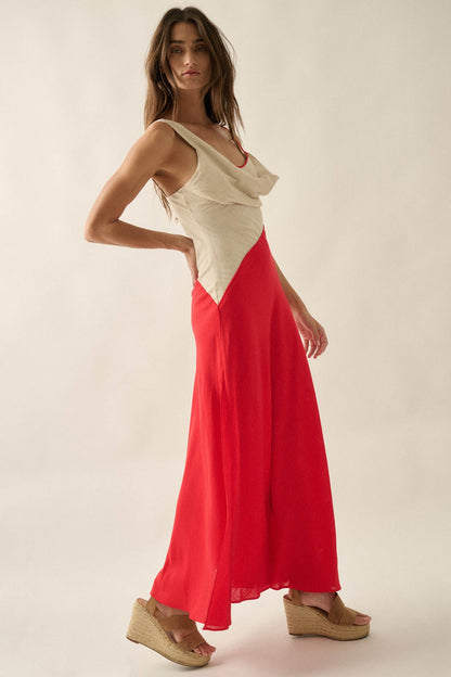 Second to None Colorblock Cowl-Neck Maxi Dress