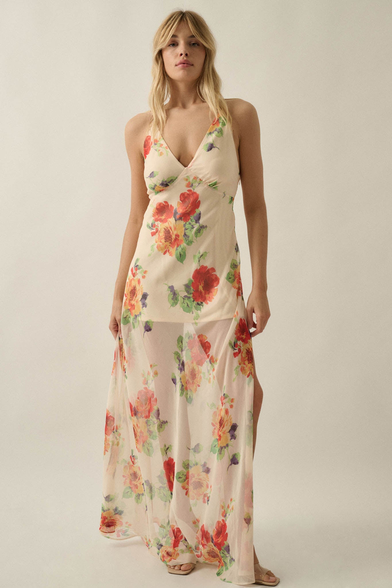 Enchanting Blooms Floral Chiffon Open-Back Maxi Dress