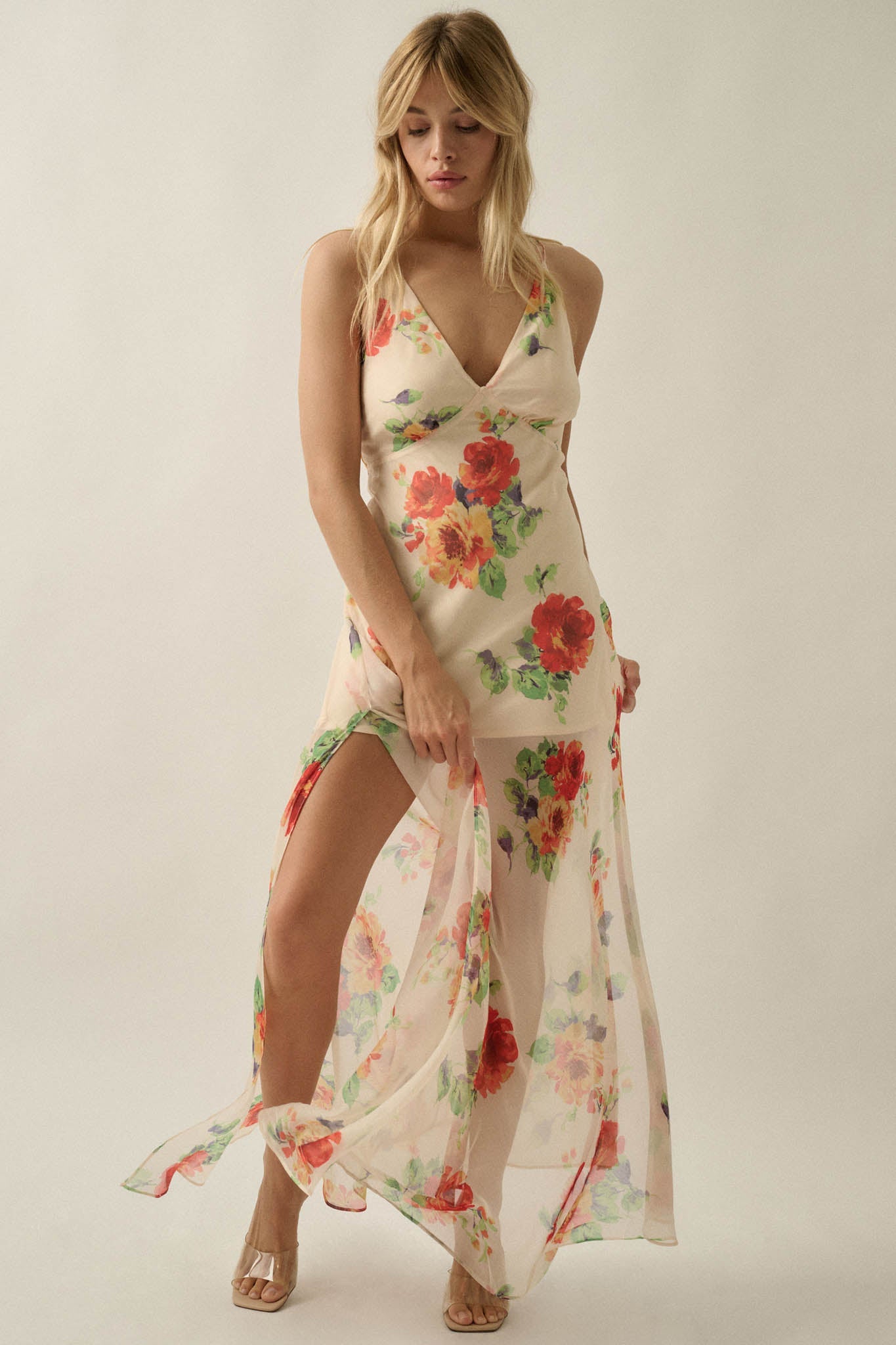 Enchanting Blooms Floral Chiffon Open-Back Maxi Dress