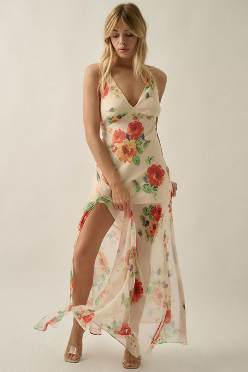Enchanting Blooms Floral Chiffon Open-Back Maxi Dress