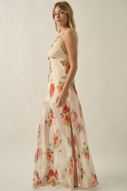 Enchanting Blooms Floral Chiffon Open-Back Maxi Dress