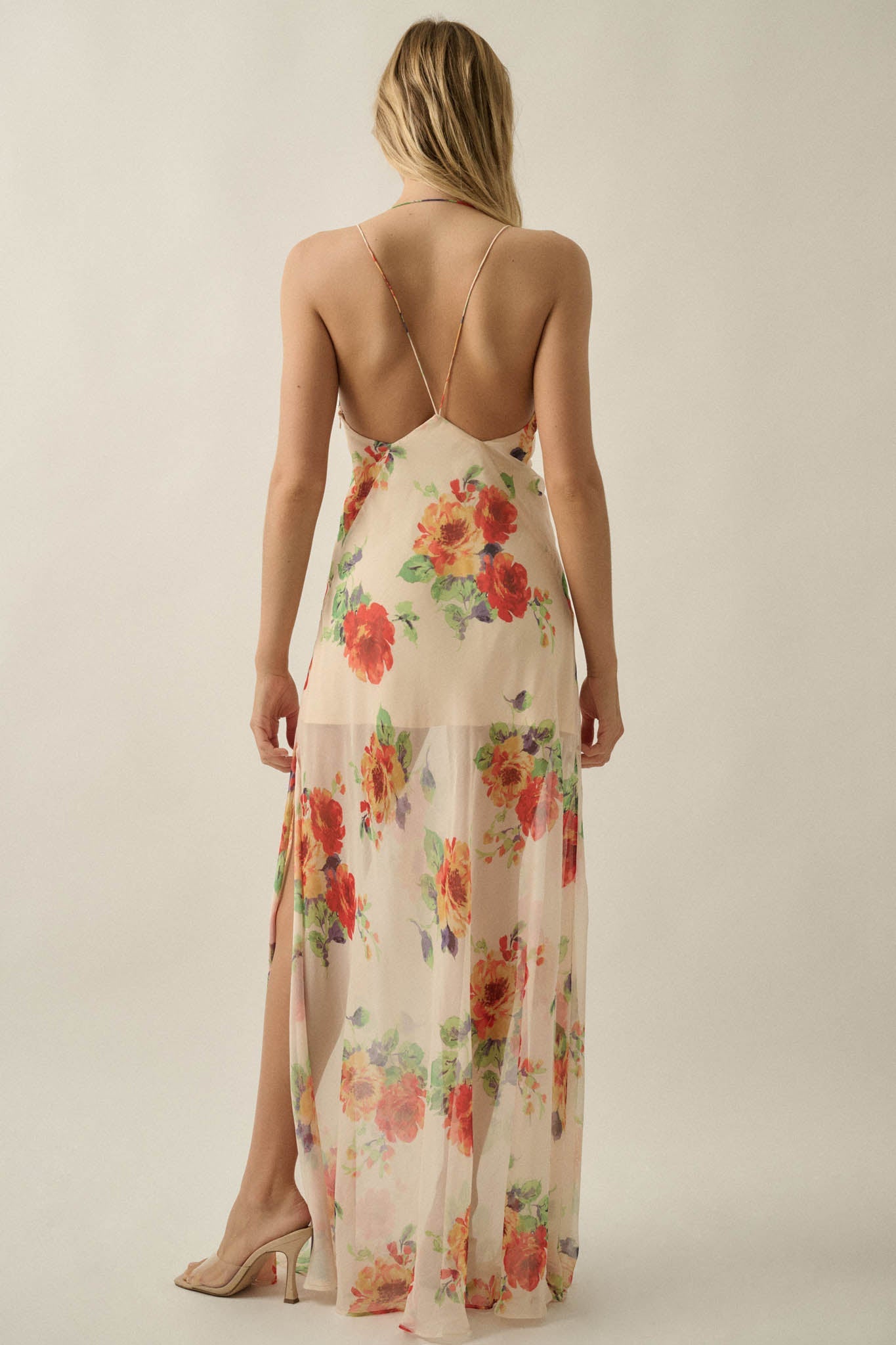 Enchanting Blooms Floral Chiffon Open-Back Maxi Dress