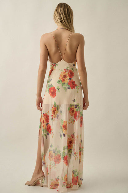 Enchanting Blooms Floral Chiffon Open-Back Maxi Dress