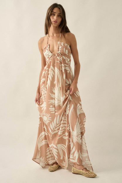 Maui Wowie Tropical-Print Tie-Back Halter Maxi Dress