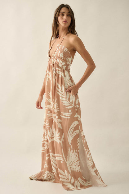 Maui Wowie Tropical-Print Tie-Back Halter Maxi Dress