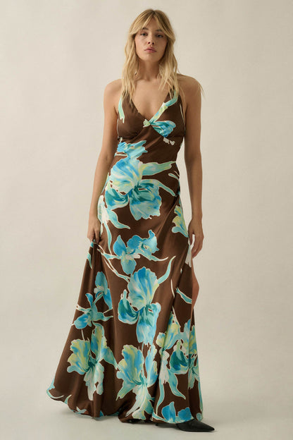 Iris Dreams Floral Satin Open-Back Maxi Dress