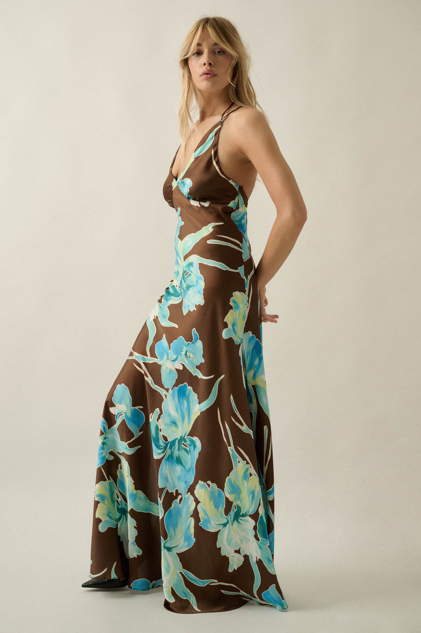 Iris Dreams Floral Satin Open-Back Maxi Dress