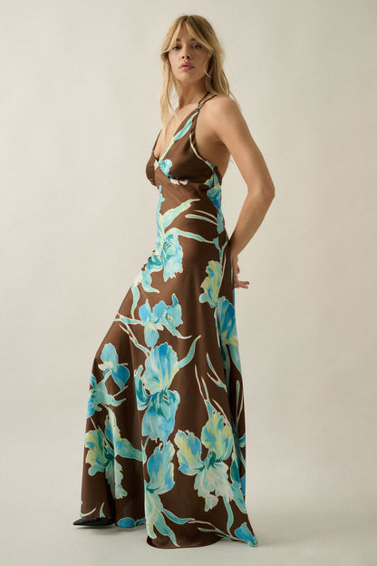 Iris Dreams Floral Satin Open-Back Maxi Dress