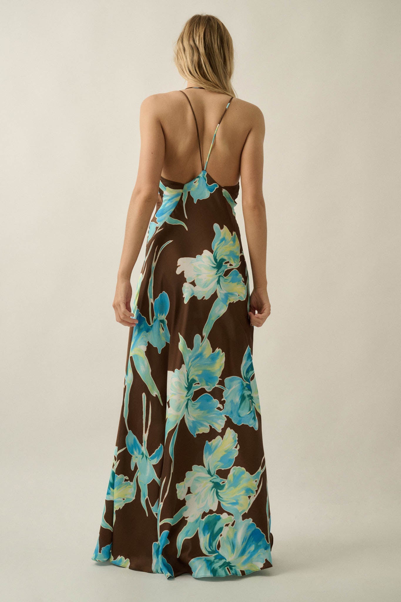 Iris Dreams Floral Satin Open-Back Maxi Dress