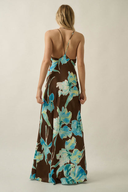 Iris Dreams Floral Satin Open-Back Maxi Dress