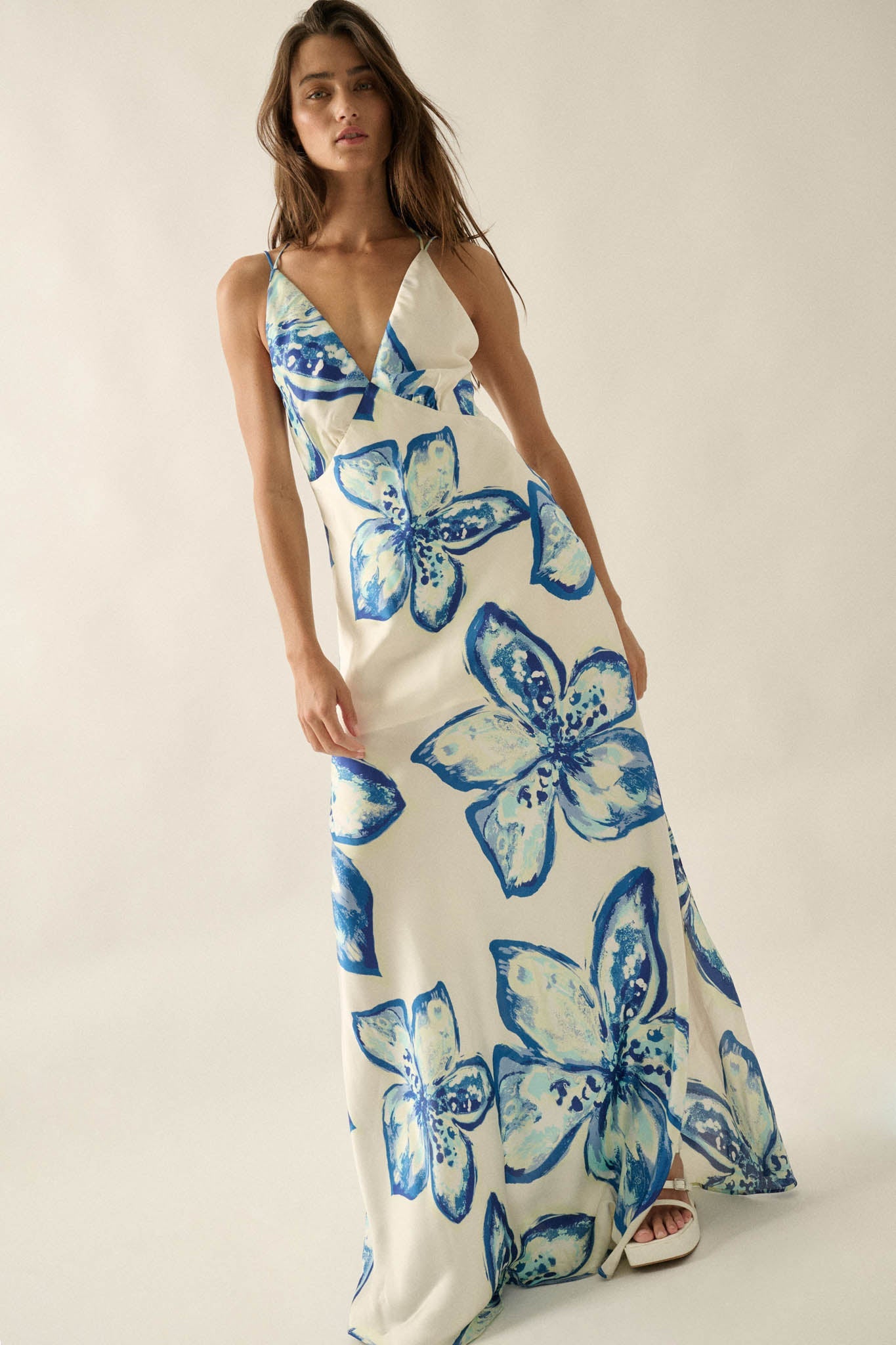 Azure Blossoms Floral Satin Open-Back Maxi Dress